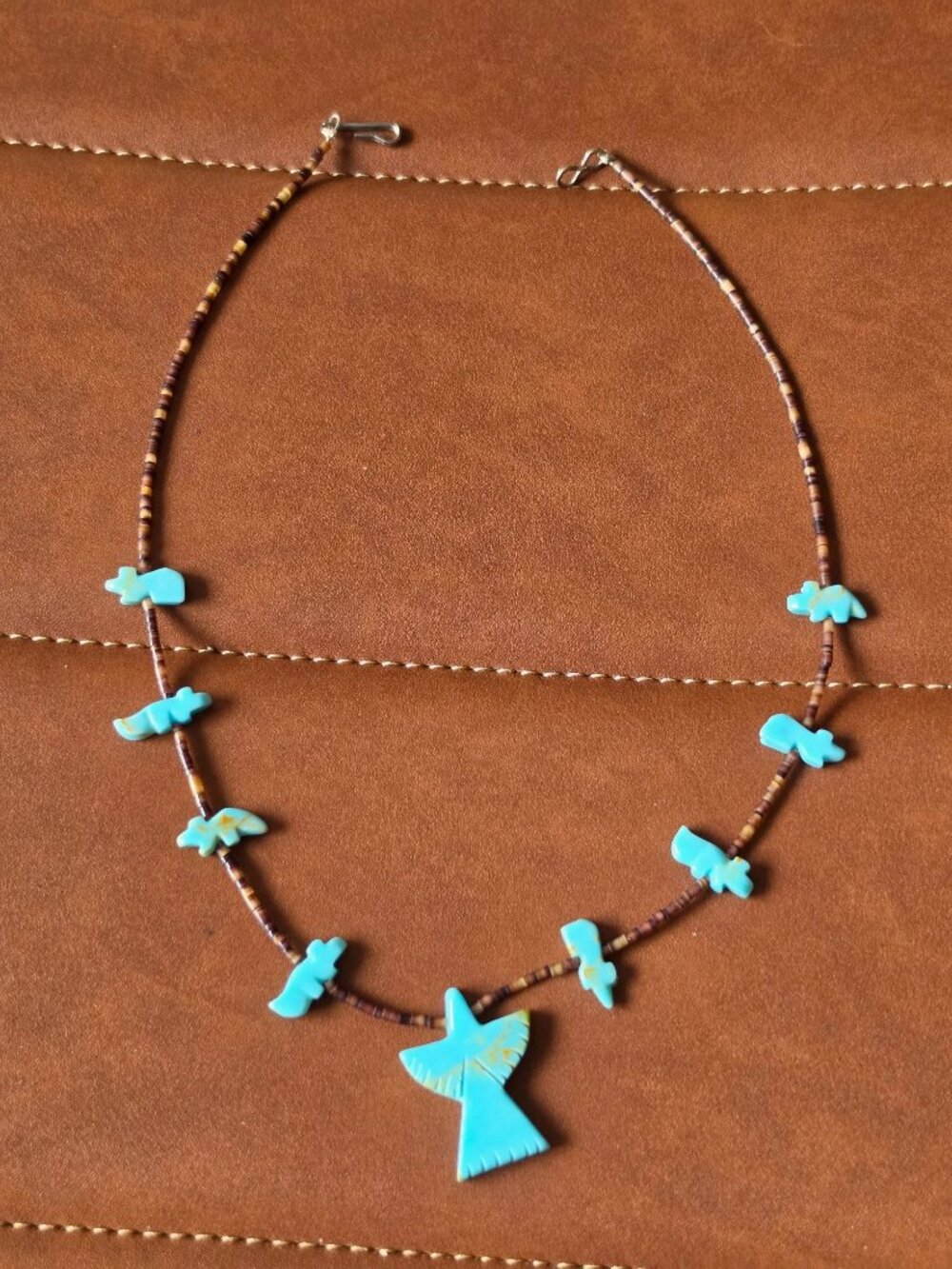 Handcrafted Turquoise Animal Fetish Necklace With Brown Heishi Beads